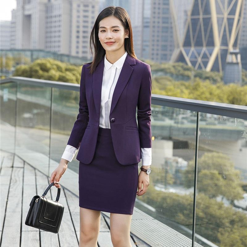 

Two Piece Dress Formal Ladies Purple Blazer Women Business Suits With Skirt And Jacket Sets Work Wear Clothes Office Uniform DesignsTwo, As pic