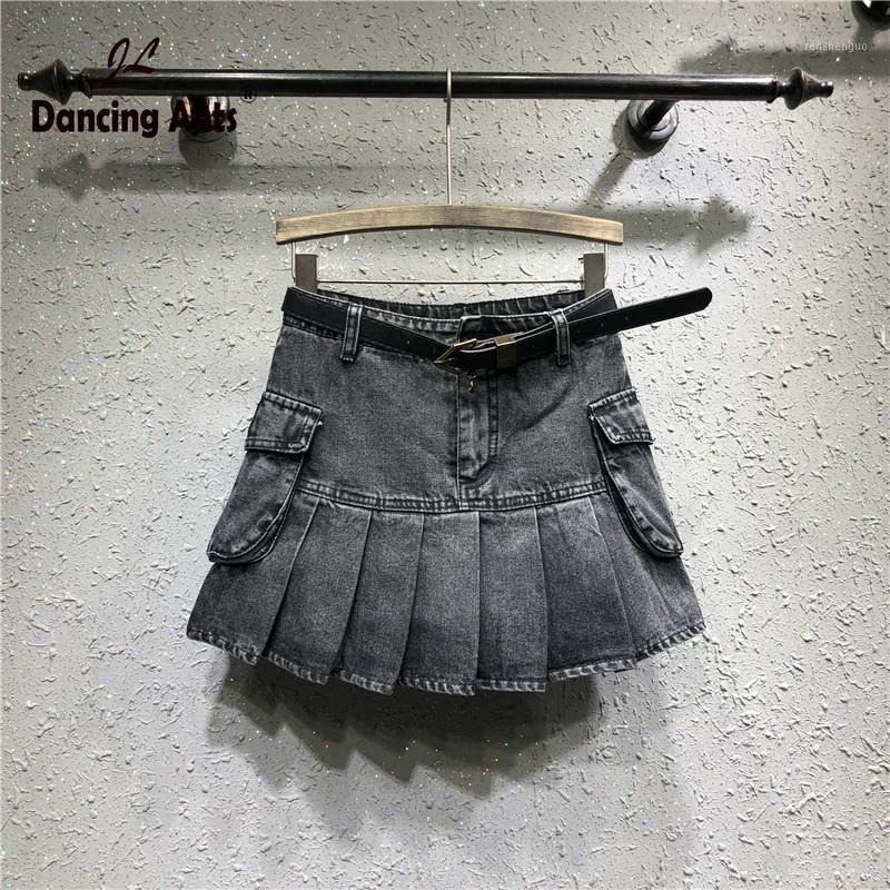

Plus-Size -5XL Women' Summer Skirts 2022 Fashion High Waist Loose A-line Jeans Office Lady Slim Pleated Denim Skirt, Dark grey