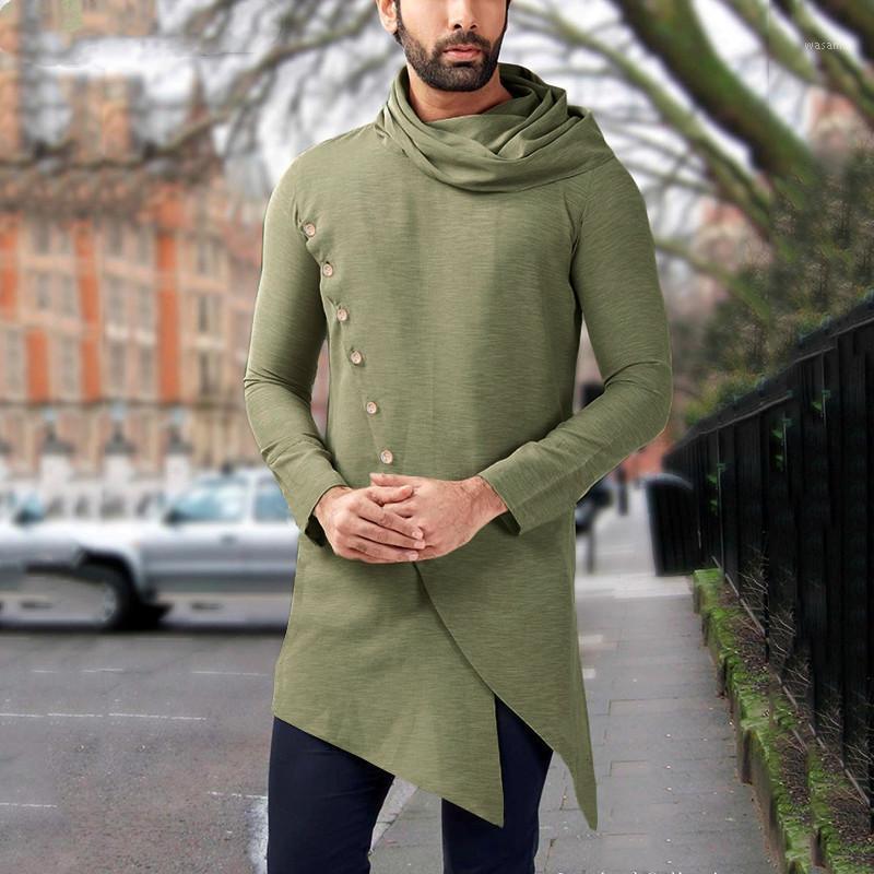 

Men' Casual Shirts 2022 Men Long Sleeve Turtleneck Vintage Solid Button Irregular Tops Dress Muslim Clothing, Beige