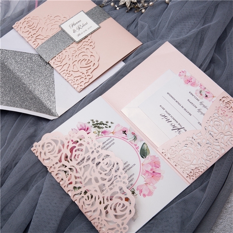 

50 pieceslot Laser Cut Rose Wedding Invitations TriFold Silver Glittery Customize Birthday Greeting Card RSVP Cards IC132 220711