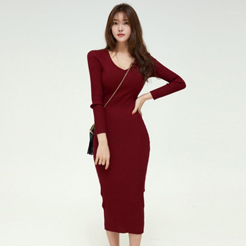 

Casual Dresses Women Simple Stretch Knit Dress 2022 Autumn Winter Warm Fashion Bottoming Long Sleeves High Waist Tight, Picture color