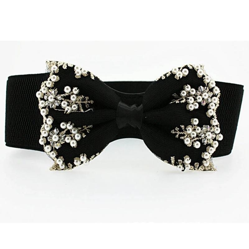 

Belts Womens Elastic Pearl Belt Women Bow, White