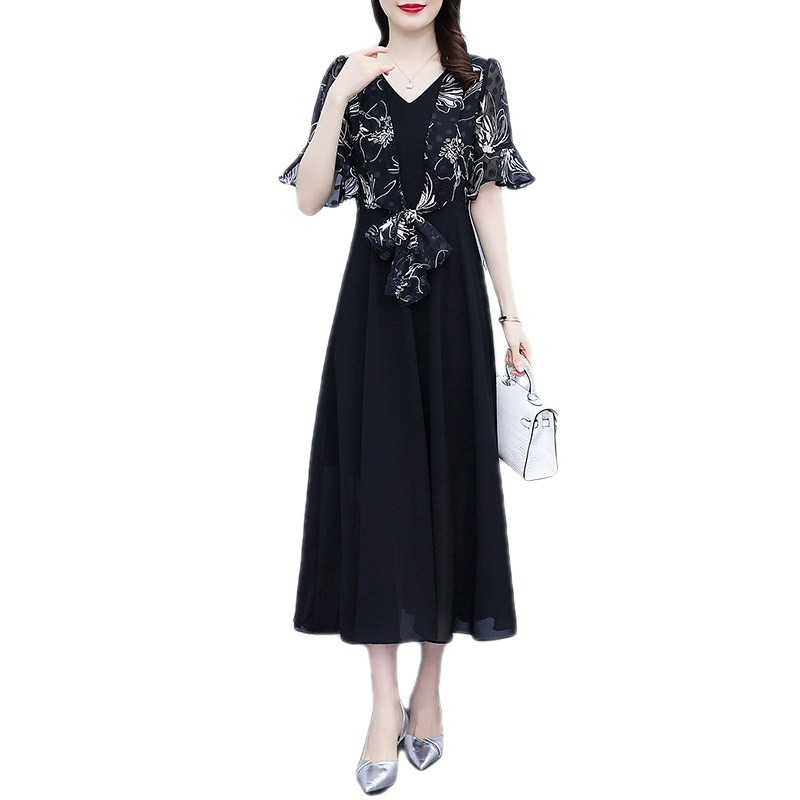 

plants Embroidery Flounce Sleeve Chiffon Dress k1H3#, Black