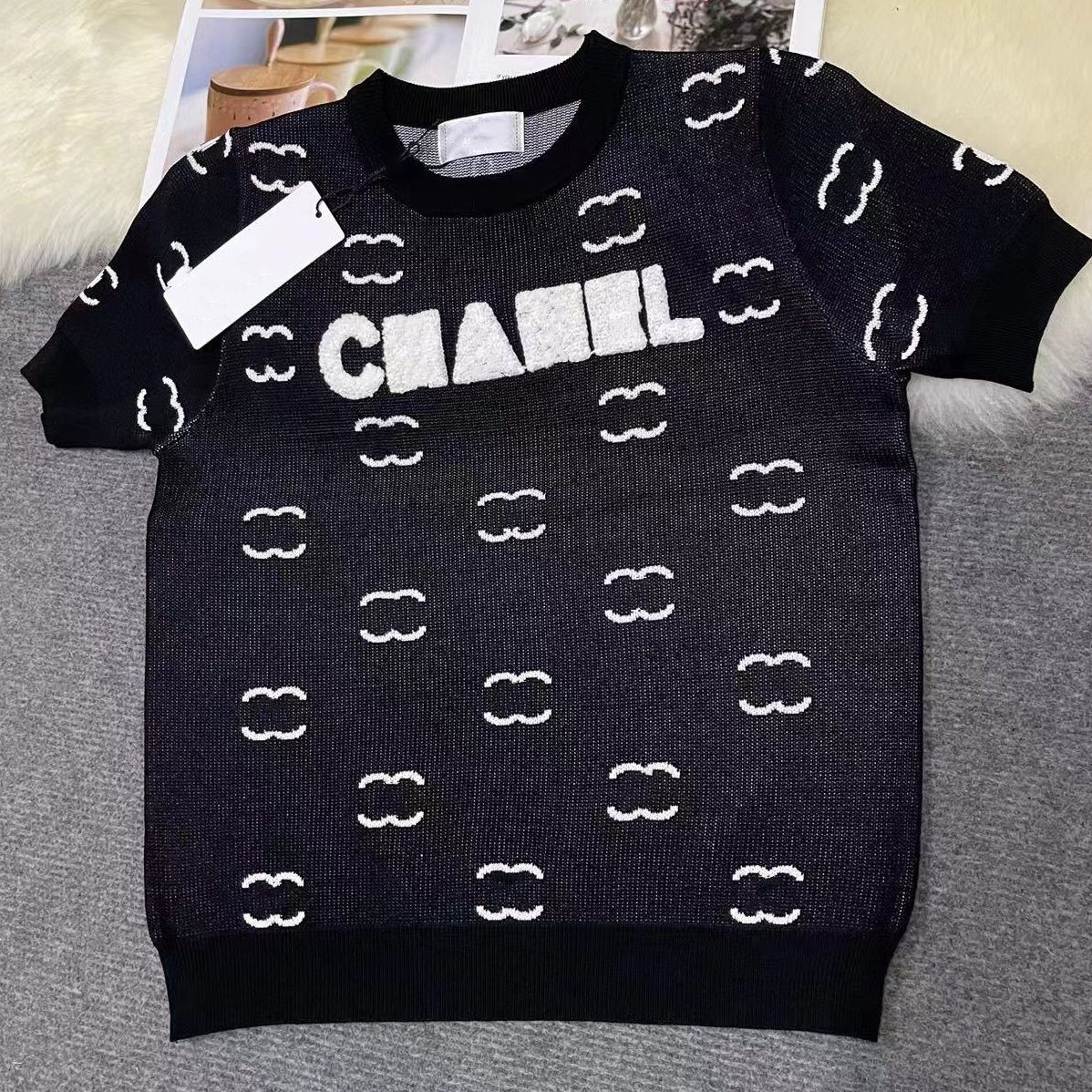 Top Girl Knits Clothes Womens T-Shirt Knit Women Clothing Classic With Letters Embroidery Short Sleeve Slim Knitted Size S-XL