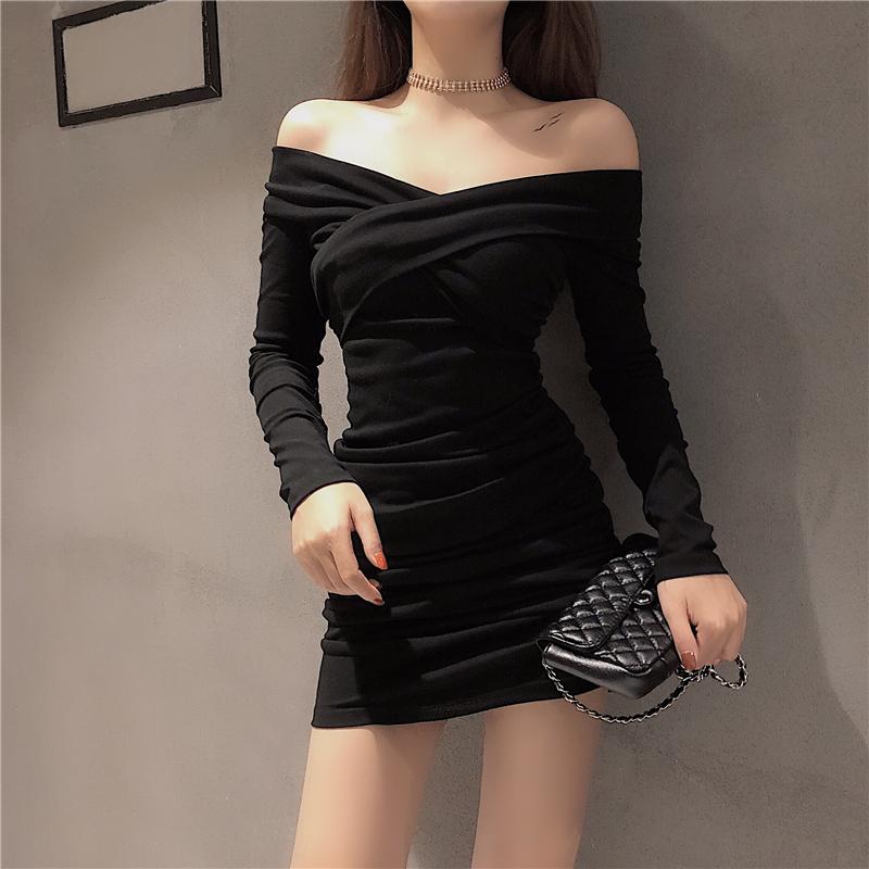 

Casual Dresses Sexy Fashion Black Slash Neck Mini-Dresses Women Off Shoulder Club 2022 Autumn Style Bodycon Dress White Female Clothes, Black;gray