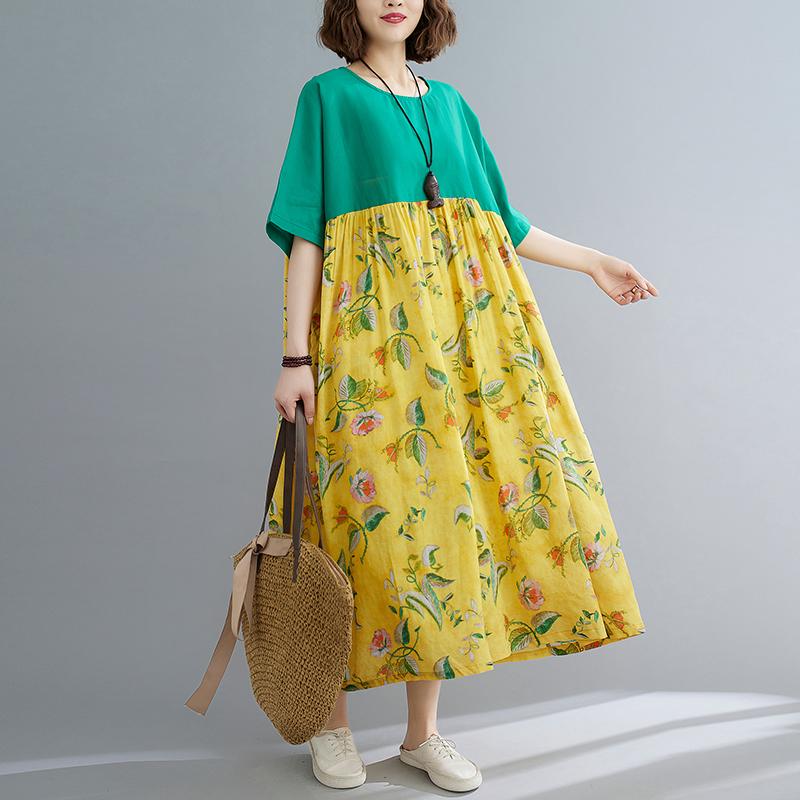 

Plus Size Dresses BIG Summer Women Fashion Elegant Print Spliced Tops Ladies Female Large Long Swing Casual Ruffles Drapped Cotton Dress, Yellow