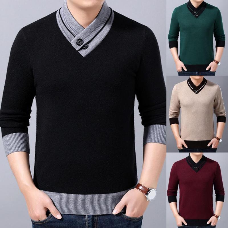 

Men's Sweaters Men Sweater V Neck Knitted Contrast Colors Loose Spring Warm Button Turtleneck Business For Office Men's ClothingMen's, Black