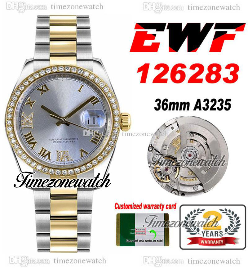 

EWF 126283 A3235 Automatic Ladies Womens Mens Watch Two Tone YG Diamonds Bezel Silver Roman Dial OysterSteel Bracelet Same Serial Card Super Edition Timezonewatch, Custom warranty card