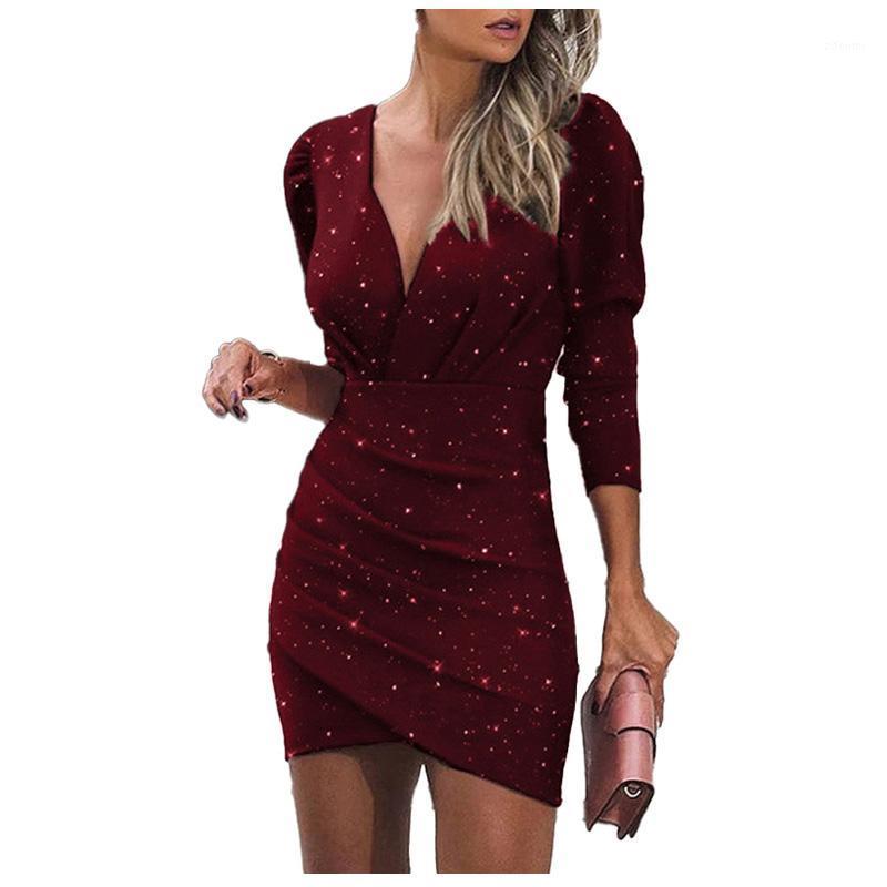 

Casual Dresses Fashion Sexy Deep V-neck Tight-Fitting Hip Dress Party Mini Bright Shiny Solid Nightclub Style Autumn Short Sleeve, Black