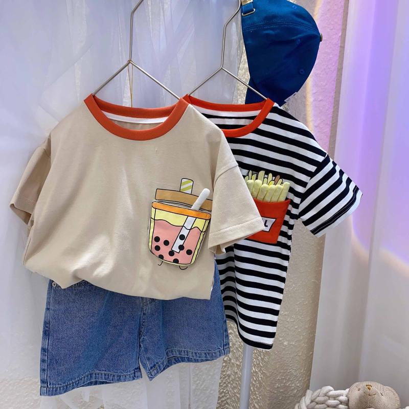 

T-shirts Children's Korean Short-sleeved T-shirt 2022 Summer Style Printing Tee Shirt Baby Loose Casual Striped Top Tees 2-8YT-shirts, Black
