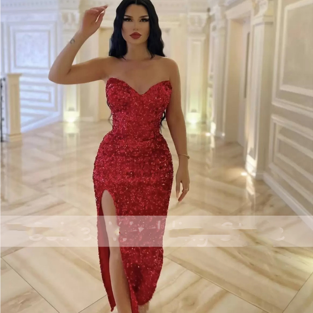 

Burgundy Sequin Evening Dresses Long 2022 Luxury V-Neck Mermaid Prom Gowns Simple Strapless Split Party robes de soiree, Champagne