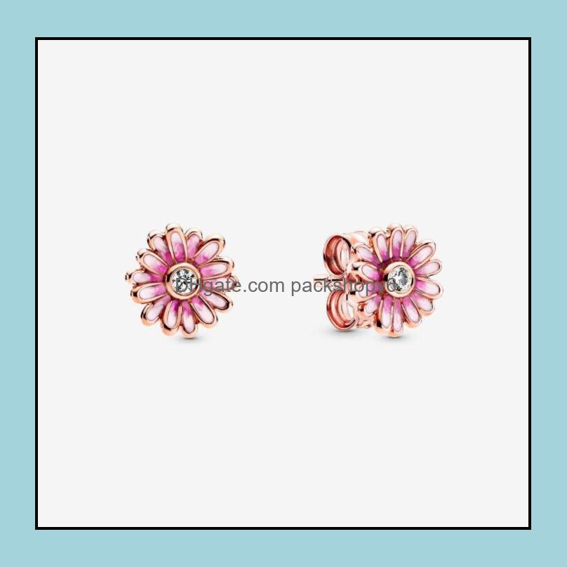 Boucles d'oreilles de mariage plaquées à l'or rose CZ Bijoux d'engagement en diamant pour pandora 925 Sier Square Sparkle Halo Ring Set With Orig