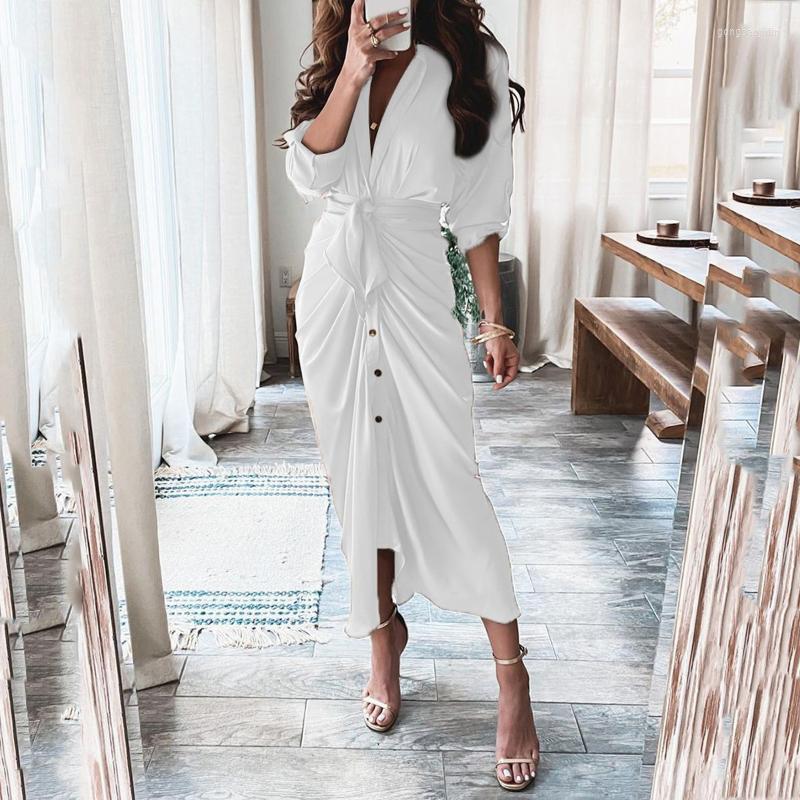

Casual Dresses Womens Maxi Solid White Dress Single Breasted Cardigan With Belted Waist Short Sleeve Vestidos Mujer Verano, Brown