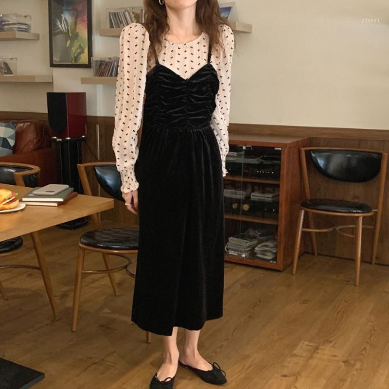 

Casual Dresses Sweet Wind Of Platycodon GrandiflorumTwo Pieces Sets Slim Puff Sleeve Shirts Autumn Velvet Close Waist Elegant Slip Dress, Shirt