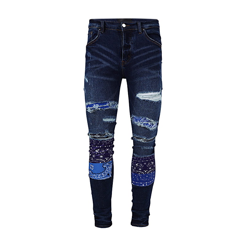 

Mens Jeans European and American Fashion Dark Blue Ripped Patch Washed Distressed Casual Slim Fit Tight Pants
