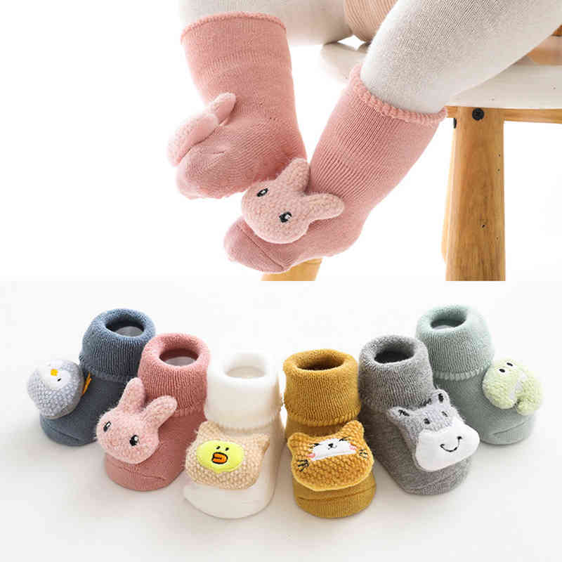 

1 Pair Baby Non-Skid Ankle Socks Cute Cartoon Animal Infant Slipper Winter Warm Floor Booties Stocking with Grips L220716, Pink