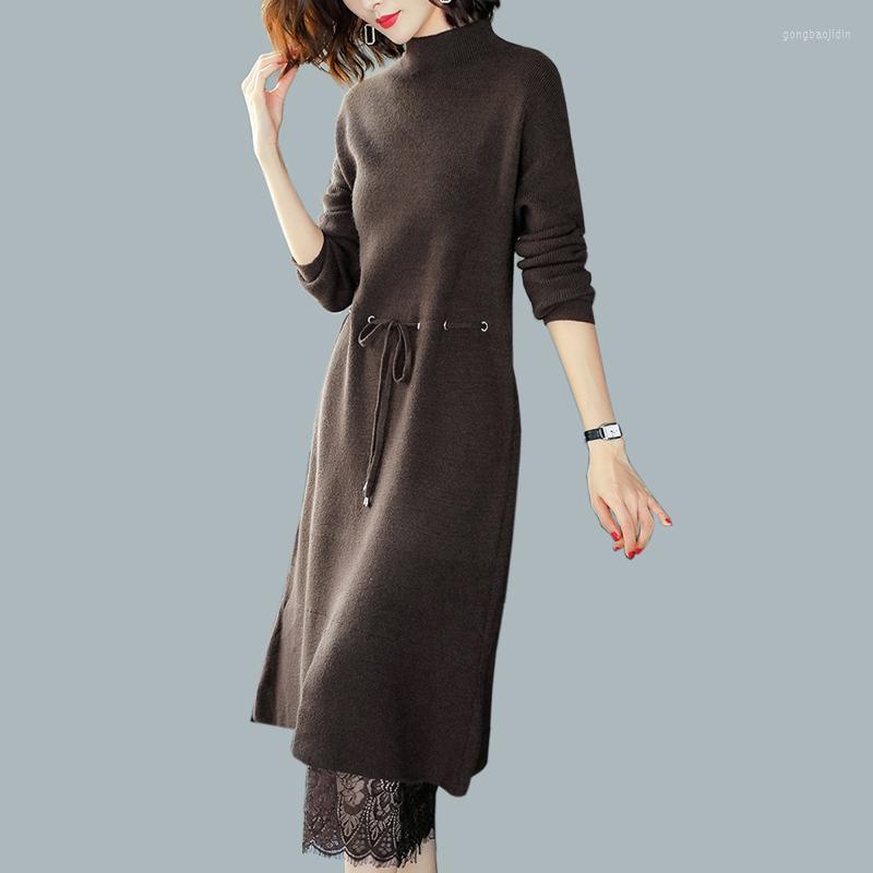 

Casual Dresses Elegant O-Neck Loose Sweater Dress Women Tide Autumn And Winter Lace Long Vintage Knitted
