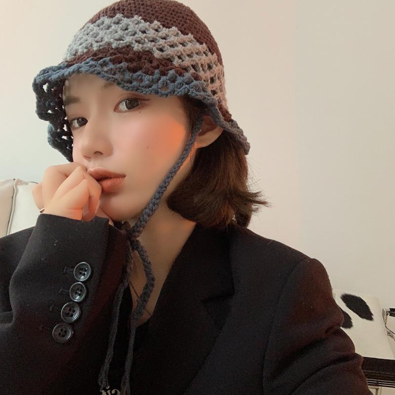 

Berets INS Korean Women Girl Hollow Knitted Hat Handmade Crochet Basin Spring Summer Sunscreen Sun Gorra Female