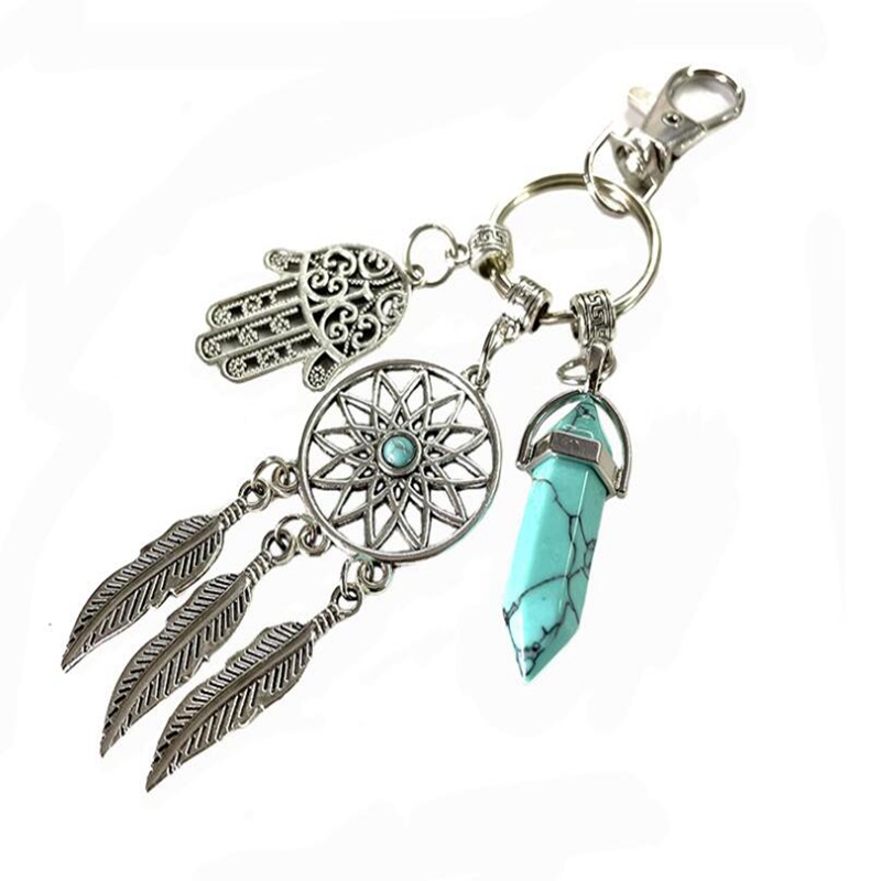 

Natural Stone Dream Catcher Key Ring Silver Bohemian Jewelry Feather Leaf Car Keychain Hexagonal Bullet Reiki Chakra Evil Eye Fatima Hand Key Chains Gifts