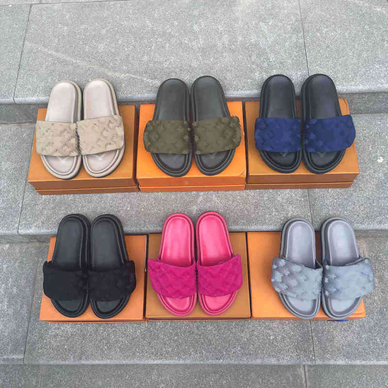 

Pool Pillow Comfort Designer Slippers Velcro Sandals Luxury Calfskin Slides Flat Mules Summer Beach Slipper With Box size 35-46