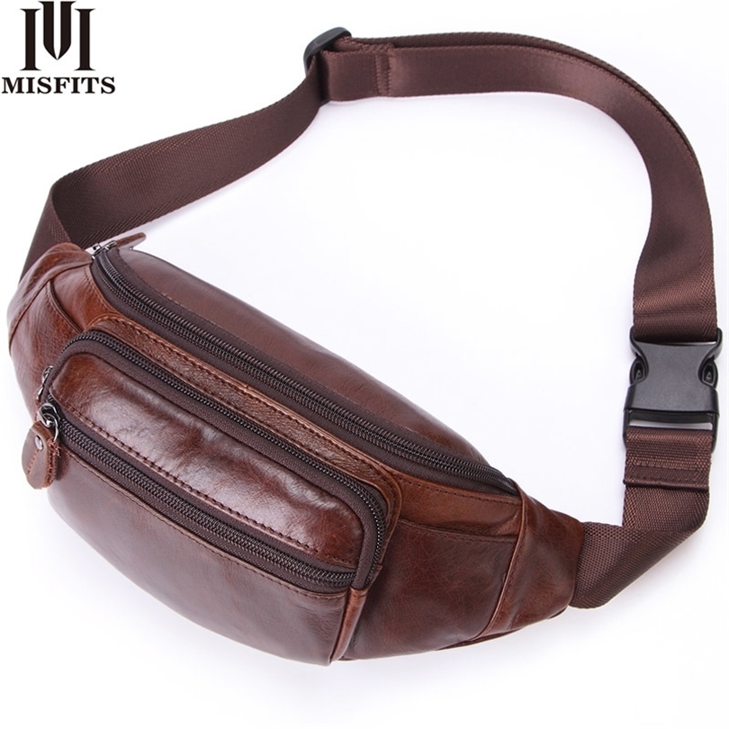 

MISFITS genuine leather waist packs mens belt bag casual fanny pack top quality waist bag for cell phone travel male chest bags 201118, Brown