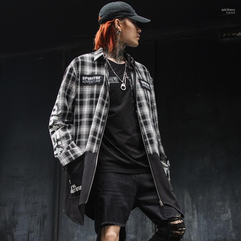 

High Street Hiphop Mens Plaid Shirt With Zipper Long Sleeve Big Pockets Patchwork Loose Stylish Top Men's Casual Shirts Sybi22, Multi