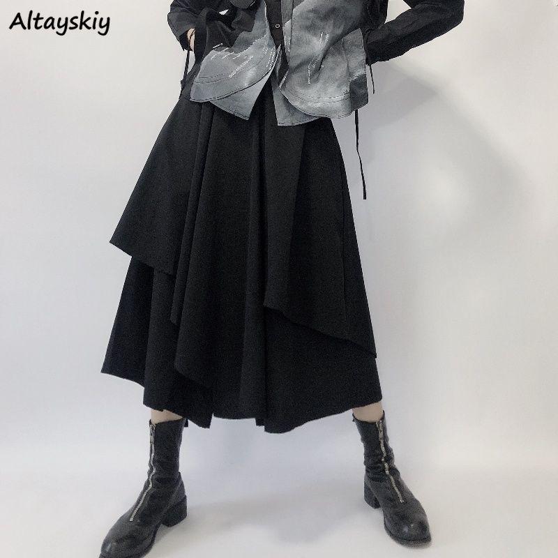 

Skirts Women Harajuku Streetwear Cool Design Empire Asymmetrical Mid-calf Unisex Girls Casual Japanese Style Solid Color ElasticSkirts, Black