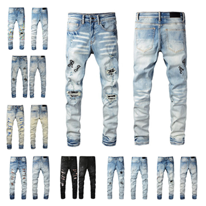 

Amirs Men Denim Designer Jeans Embroidery Pants Fashion Holes Trouser US Size 28-40 Hip Hop Distressed Zipper trousers For Male amiri, A001
