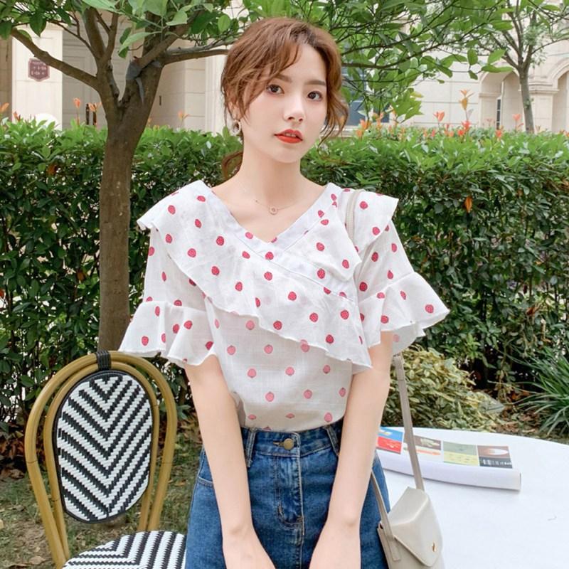 

Women' Blouses & Shirts Blouse Women 2022 Fashion Polka Dot Printed Chiffon Summer Short V Neck Sleeve Temperament Shirt Casual Tops, White