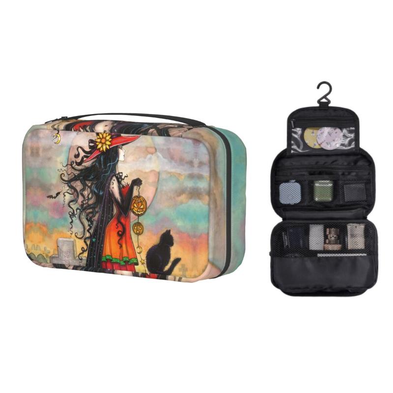 

Cosmetic Bags & Cases Halloween Witch And Black Cat Fantasy Art Travel Toiletry Bag Women Hanging Occult Gothic Wiccan Makeup Dopp KitCosmet