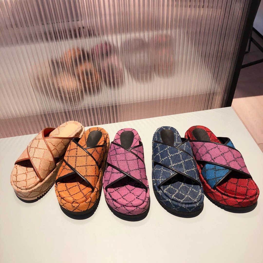 

Luxury Multicolor Platform Sandal Flat Slides Designer Sandals Embroidery Printing Beige Brick Denim Thick Bottom Slippers Summer Beach, Color 18