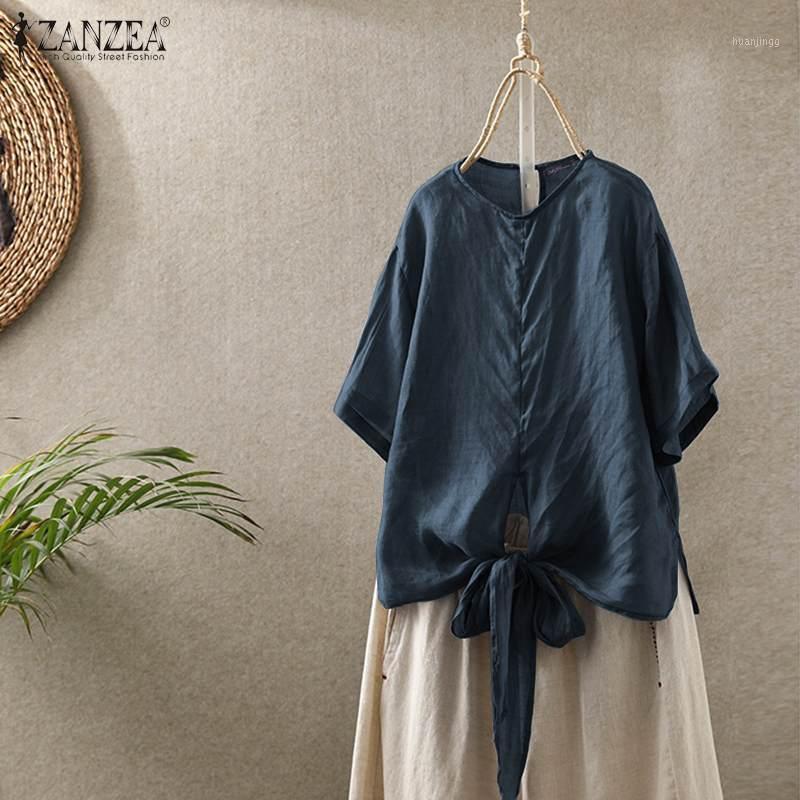 

Summer Cotton Linen Tops Women Short Sleeve Solid Blouse Loose Tunic Top Femininas Lace Up Shirt Casual Blusas Plus Size Women' Blouses, Blue