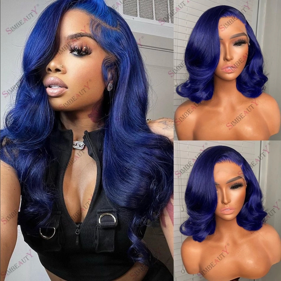 

Super Wave Human Hair Lace Front Wig Pre Plucked Hairline Blue Hair 360 Laces Frontal Wigs with Baby Hairs, As picture color