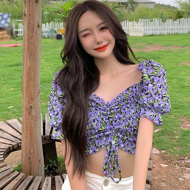 

Summer Women Blouse Floral Print Slash Neck Puff Sleeve Sweet Short Shirts Blouses For Girls Women's &