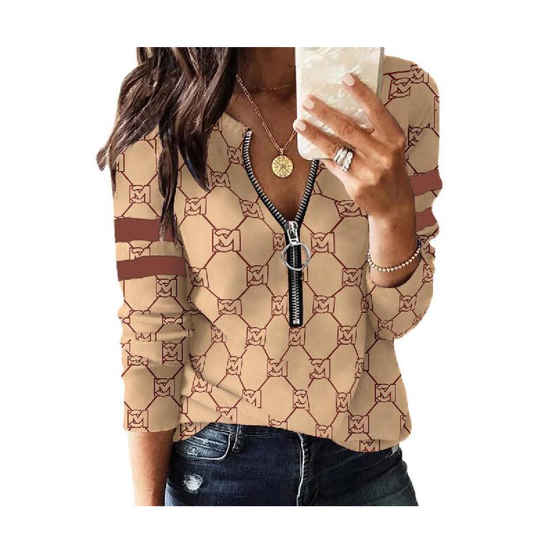 

SS new Fashionable Womens T-Shirt High-Quality Temperament All-Match Stand Collar Neck shirt Ice silk Small Shirt Was Thin Jacquard Knitted, Brown