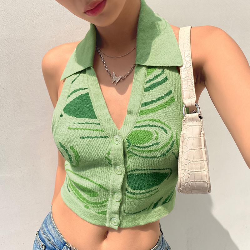 

Women's Tanks & Camis Sexy Knitted Cami Top Button Up V Neck Single Breasted Patchwork Crochet Crop Vintage Women Summer Clothes Streetwear, Green