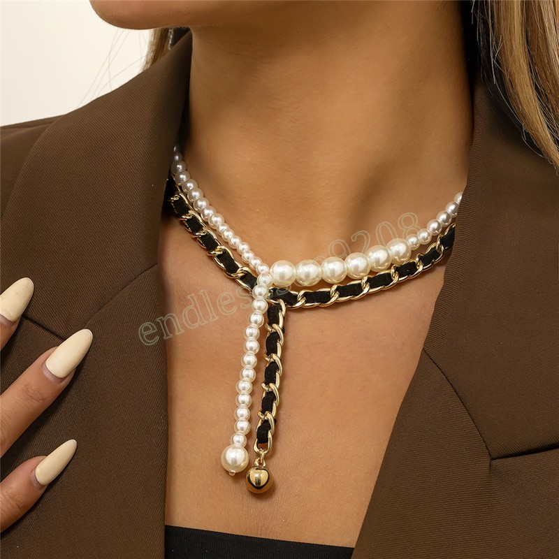 

Vintage PU Leather Pearl Chain Pendant Necklace for Women Girls Choker Hip Hop Necklace Jewelry Accessories