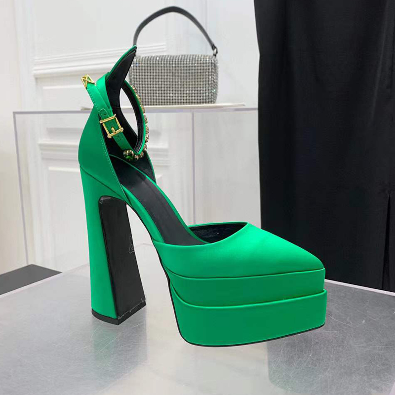

green Medusa Aevitas Juno Crystal-Embellished shoes satin Pointed toe platform Pumps chunky high Heels sandals women's Luxury Designers Evening Dress shoe