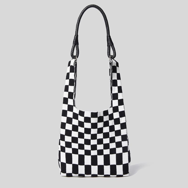 

Evening Bags Casual Plaid Knitting Shoulder For Women Designer Lady Handbags Luxury Faux Woolen Large Capacity Tote Shopper Purses 2022, Black