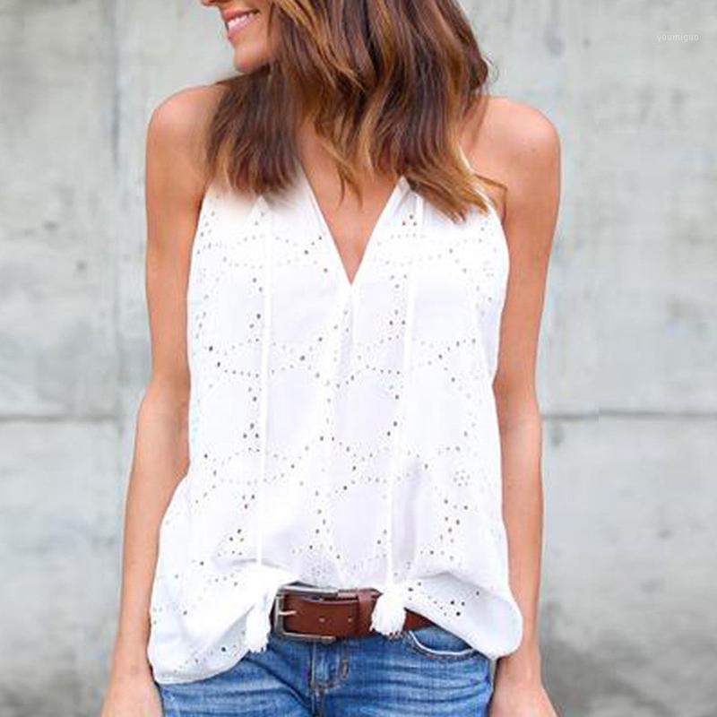

Women' Blouses & Shirts Sexy Embroidered Blouse Women Sleeveless Hollow Out Vest V-neck Straps Bandage Tops Summer Plus Size Solid Casual, Black