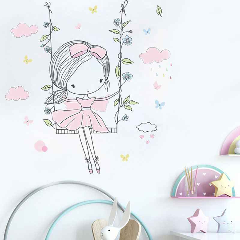 Cute Girl on The Swing Wall Stickers for Kids Room Girls Bedroom Living Room Wall Decor Vinyl Home Decoration Art Mural Stickers-image-776022803