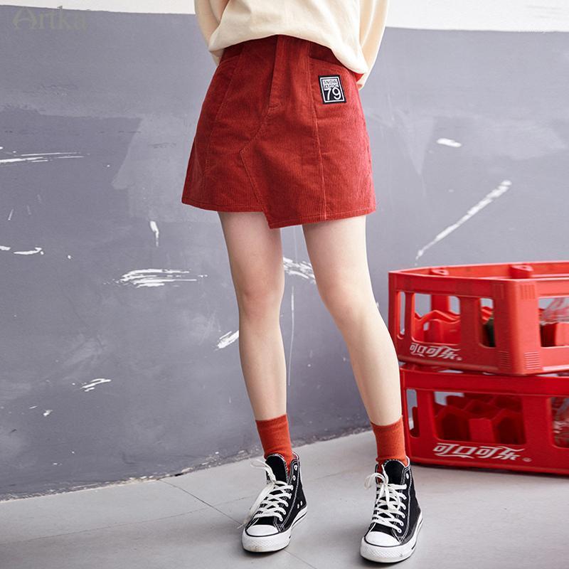 

Skirts ARTKA 2022 Autumn Winter Women Skirt Fashion Corduroy Irregular High Waist A-Line Short With Pockets QA10095D, Red