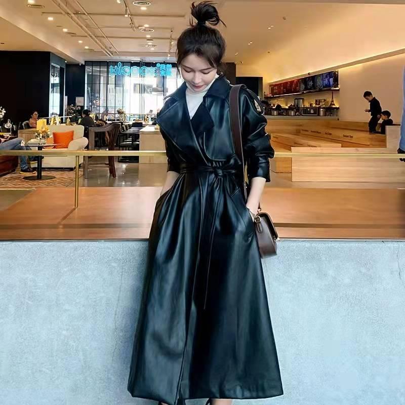

Women' Trench Coats Spring And Autumn 2022 Long Leather Windbreaker Casual Loose Coat Korean Version Of Solid Color Large Size Belt Cape, Black