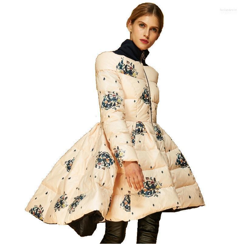 

High Quality Italy Fashion Designer 2022 Luxury Coat Women Winter Genuine Duck Down Parka Jacket Asymmetric Printed Skirt Luci22, As pic