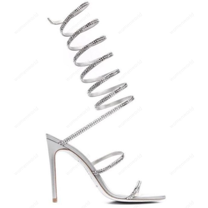 

RENE CAOVILLA Cleo open toe sandals crystal embellished spiral wrap around sandals twining rhinestone sandal women Top quality 10cm White stiletto heels shoes, Only a boxes