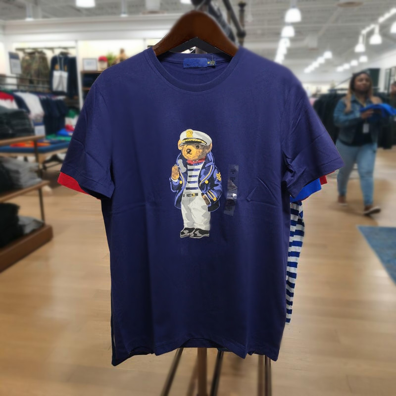 

High quality cotton shirt round neck short sleeve men's bear print T-shirt top cotton loose fashion inner bottoming shirt summer