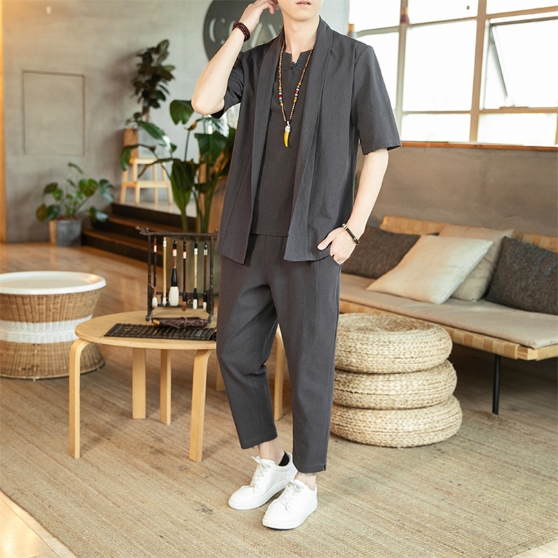 MRGB Hommes Vêtements De Mode Coton Lin Oversize Hommes Costume Solide Faux Deux T-shirt Homme Cheville Longueur Pantalon Casual Mâle Ensembles 5