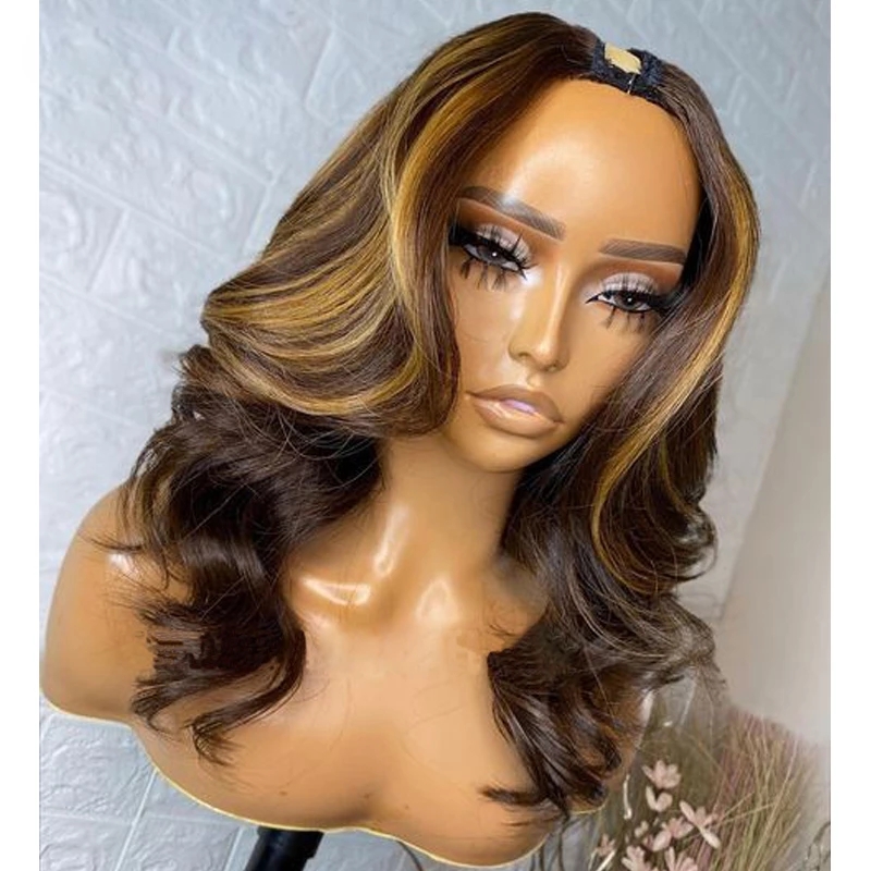 

Highlight Chocolate Brown Body Wave V Part Wigs Unprocessed 100% Human Hair Glueless Wavy Honey Blonde U Shape Full Machine Made, As picture color