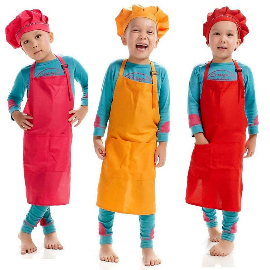 

Wholesale customize LOGO Children Chef Apron set Kitchen Kids Aprons with Chef Hats for Painting Cooking Baking DIY Designs FY3525