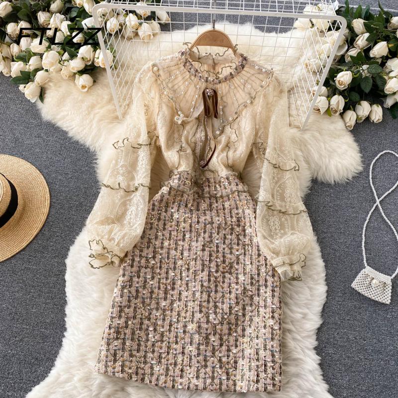 

Casual Dresses Luxury French Dress Women Vintage Pencil Spring Autumn Long Sleeve Lace Pearl Bead Office Vestidos, Creamy-white
